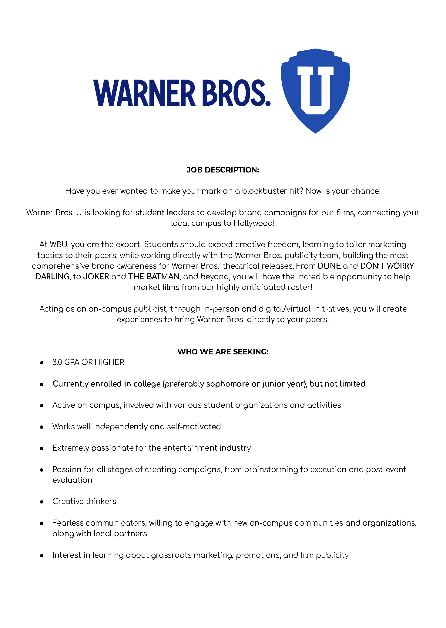 Job Opportunity from Warner Bros! Cinema and Media Arts Vanderbilt