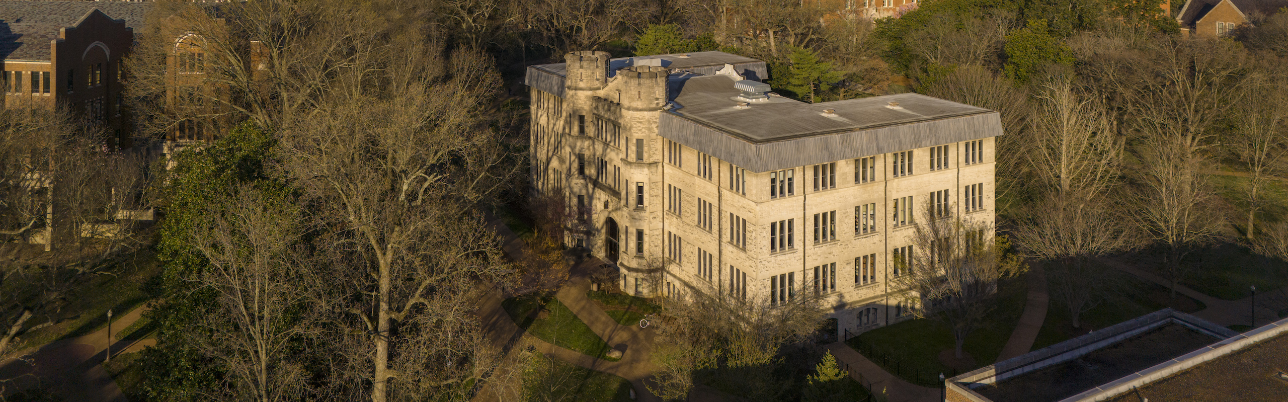 Morning light on Furman Hall on campus early spring 2024.