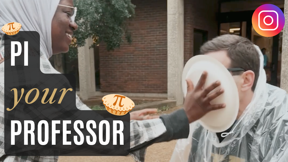 student tossing a pie on professor's face