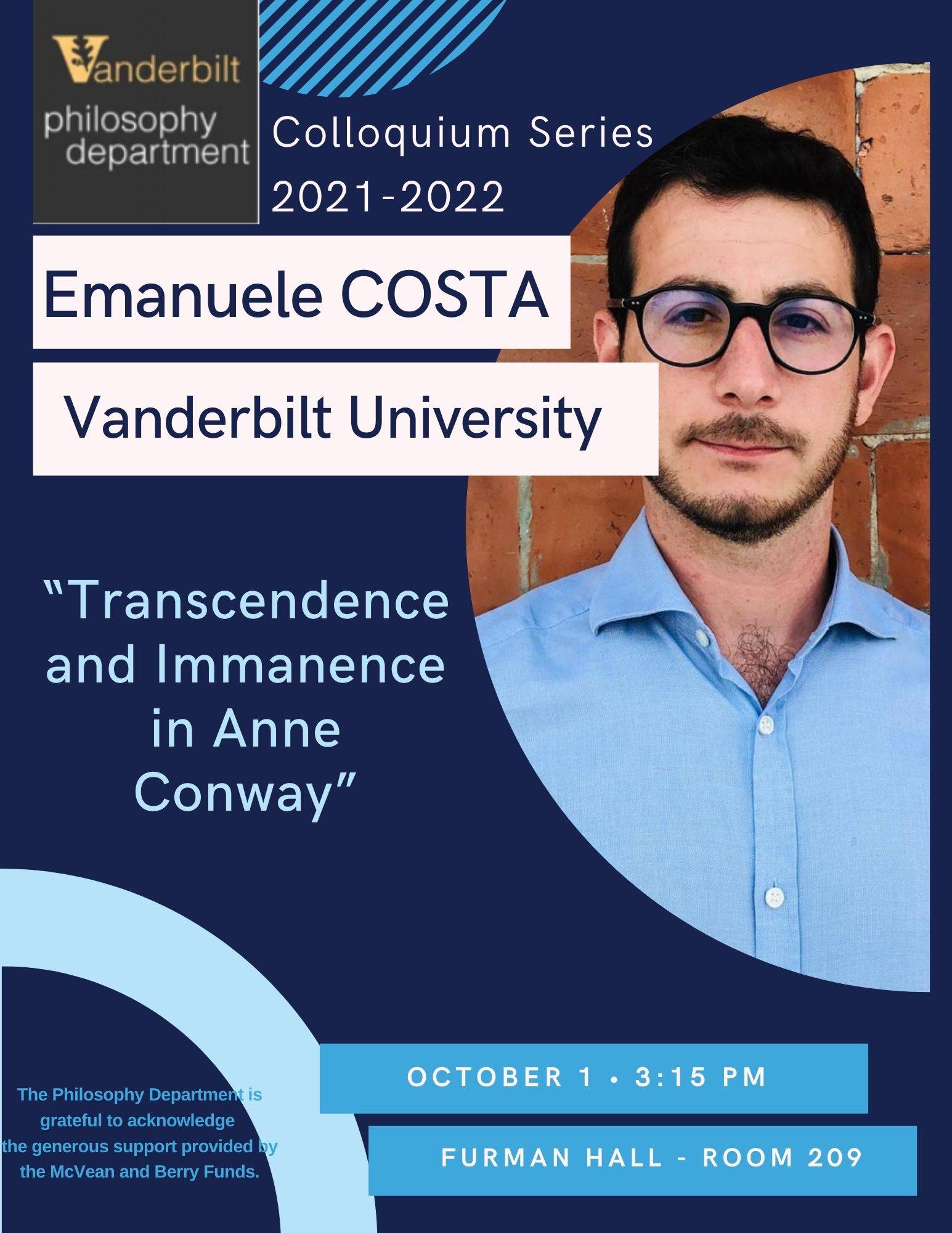 Emanuele Costa will present a talk titled "Transcendence and Immanence in Anne Conway."